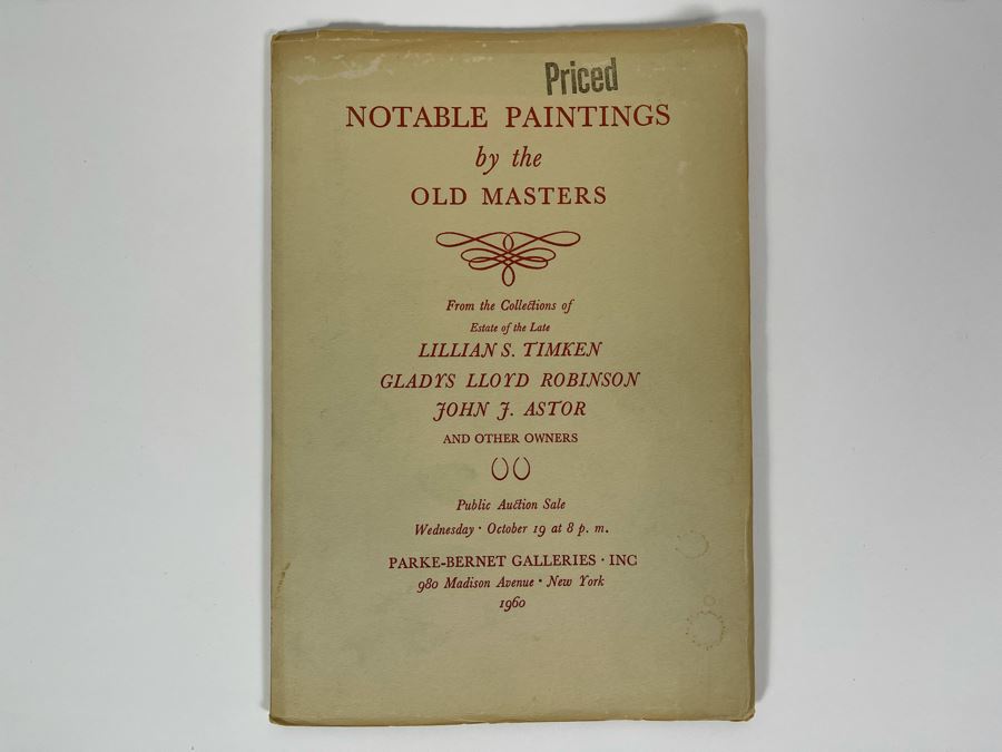 JUST ADDED - Vintage 1960 Parke-Bernet Galleries Auction Catalog Featuring Artwork From Lillian S. Timken (Of Timken Museum Of Art Balboa Park) Items Priced 980 Madison Avenue New York