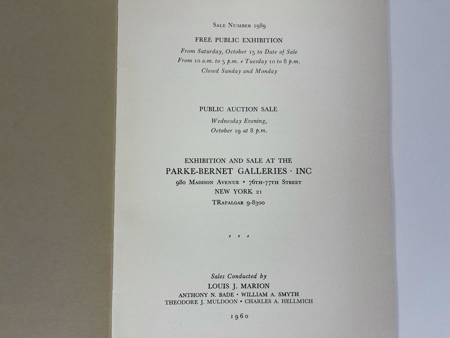 JUST ADDED - Vintage 1960 Parke-Bernet Galleries Auction Catalog Featuring Artwork From Lillian S. Timken (Of Timken Museum Of Art Balboa Park) Items Priced 980 Madison Avenue New York [Photo 2]