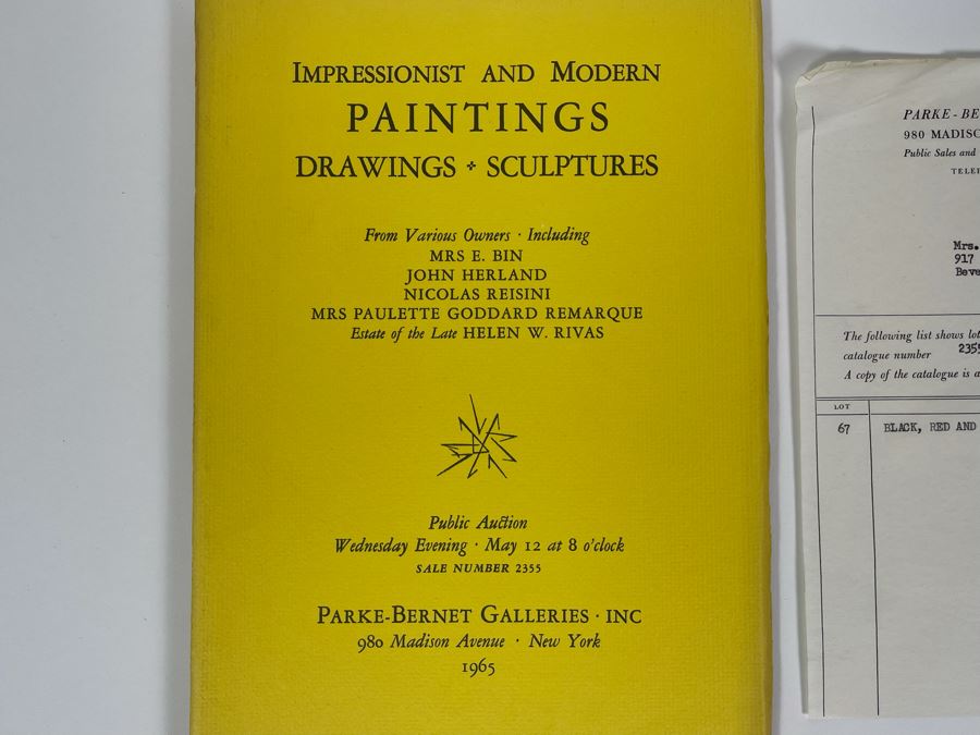 JUST ADDED - Vintage 1965 Parke-Bernet Galleries Auction Catalog Featuring Client's Consignment Paperwork Contract Of An Alexander Calder Black, Red And White Kinetic Mobile That She Sold In Auction [Photo 4]