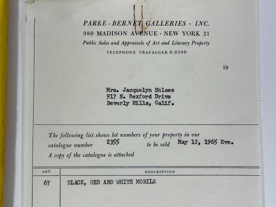 JUST ADDED - Vintage 1965 Parke-Bernet Galleries Auction Catalog Featuring Client's Consignment Paperwork Contract Of An Alexander Calder Black, Red And White Kinetic Mobile That She Sold In Auction [Photo 3]