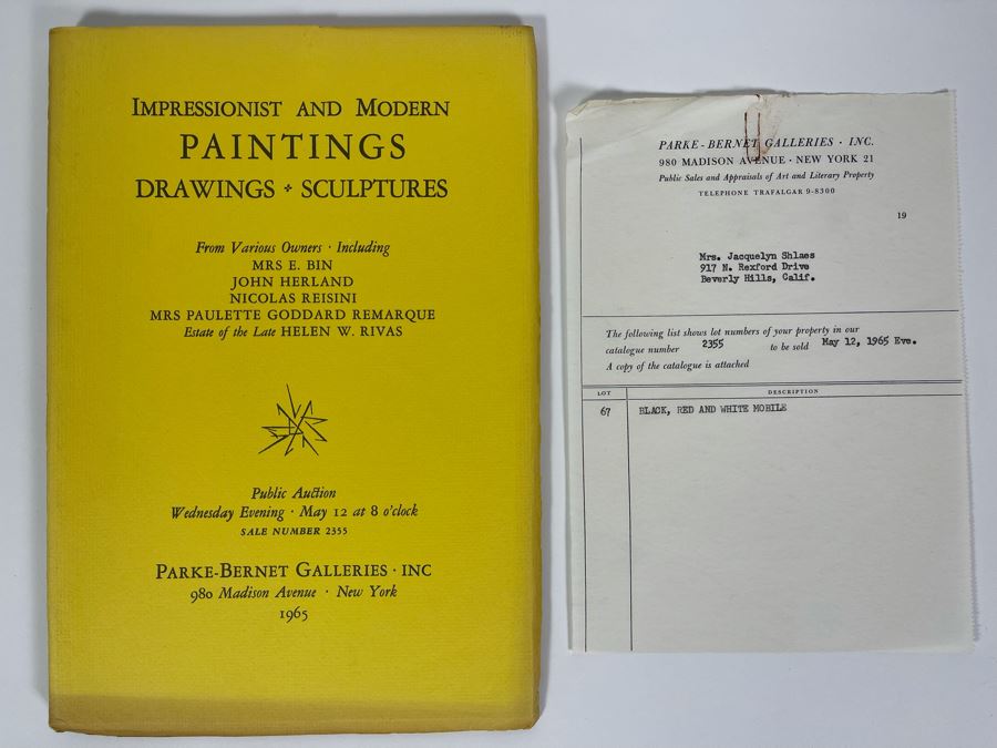 JUST ADDED - Vintage 1965 Parke-Bernet Galleries Auction Catalog Featuring Client's Consignment Paperwork Contract Of An Alexander Calder Black, Red And White Kinetic Mobile That She Sold In Auction [Photo 1]