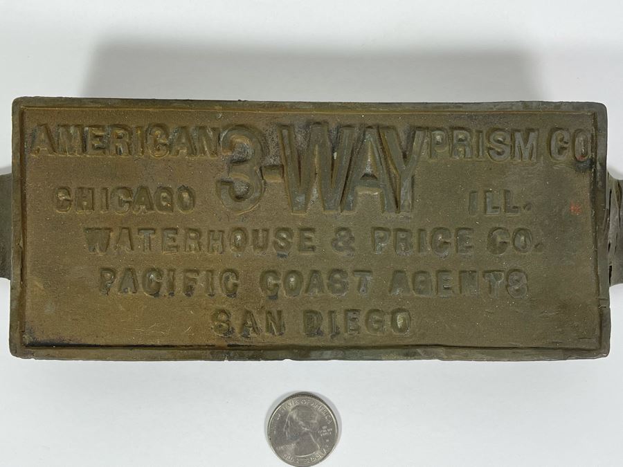 JUST ADDED - Vintage Cast Iron Embossed Plaque American Prism Co 3-Way Pacific Coast Agents San Diego 10 X 3