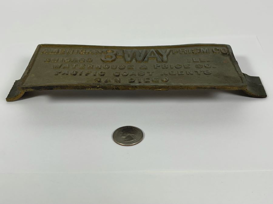 JUST ADDED - Vintage Cast Iron Embossed Plaque American Prism Co 3-Way Pacific Coast Agents San Diego 10 X 3 [Photo 5]