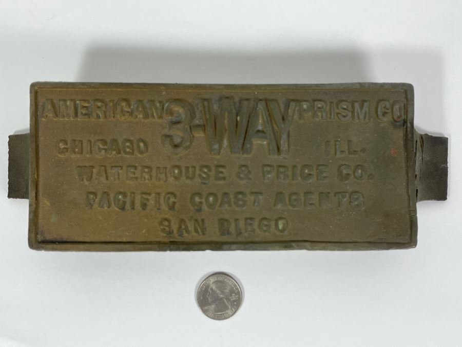 JUST ADDED - Vintage Cast Iron Embossed Plaque American Prism Co 3-Way Pacific Coast Agents San Diego 10 X 3 [Photo 3]