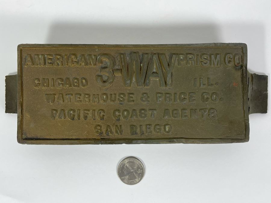 JUST ADDED - Vintage Cast Iron Embossed Plaque American Prism Co 3-Way Pacific Coast Agents San Diego 10 X 3 [Photo 4]