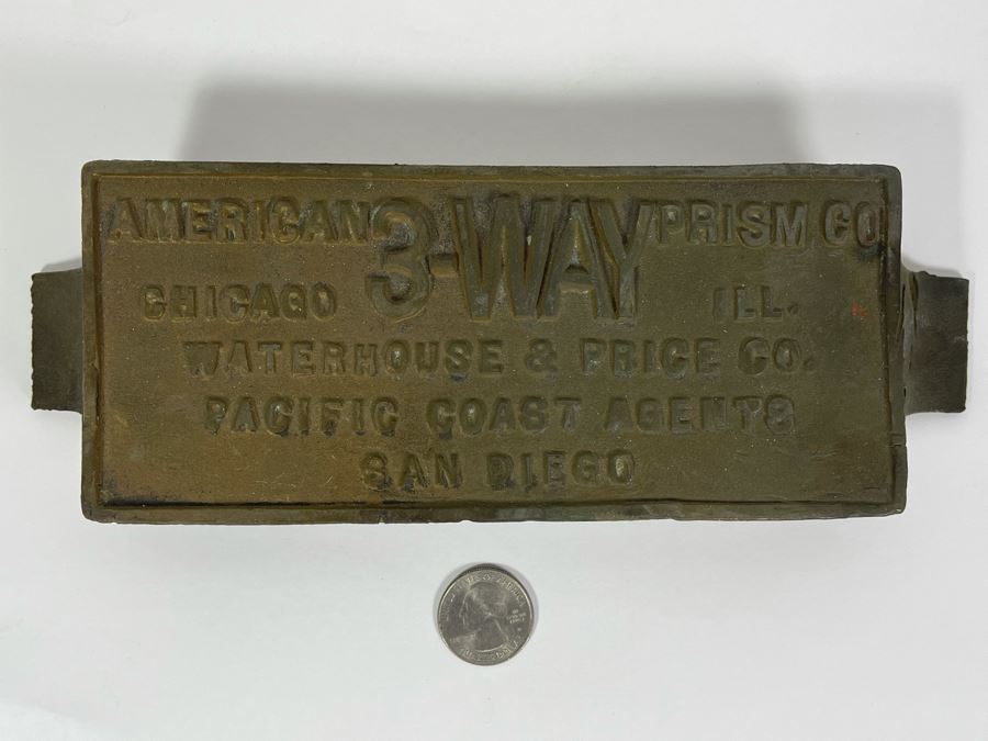 JUST ADDED - Vintage Cast Iron Embossed Plaque American Prism Co 3-Way Pacific Coast Agents San Diego 10 X 3 [Photo 2]