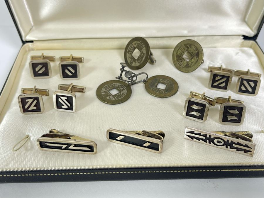 JUST ADDED - Collection Of Sterling Silver Signed Taxco MB Mexico Cufflinks And Tie Clips, Chinese Coin Earrings And Cufflinks - Sterling Silver Weight 46.9g