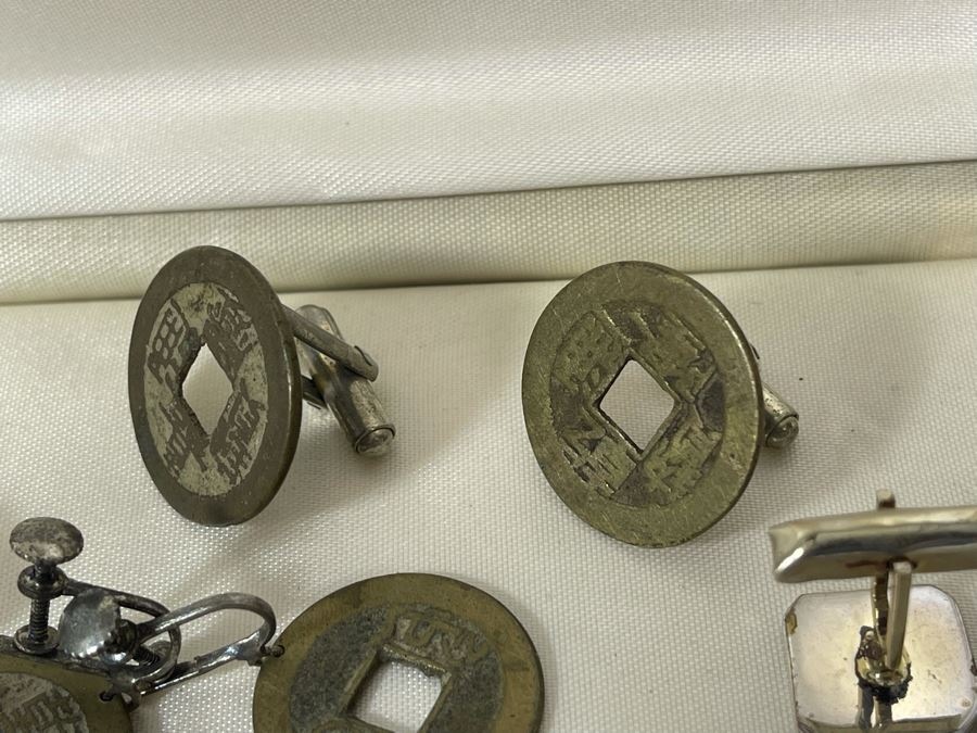 JUST ADDED - Collection Of Sterling Silver Signed Taxco MB Mexico Cufflinks And Tie Clips, Chinese Coin Earrings And Cufflinks - Sterling Silver Weight 46.9g [Photo 14]