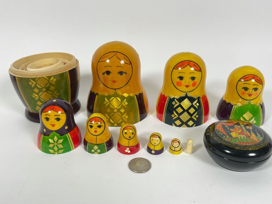 Russian Nesting Doll (9 Dolls) 7H And Russian Hand Painted Signed Lacquer Box 2.75W [Photo 1]