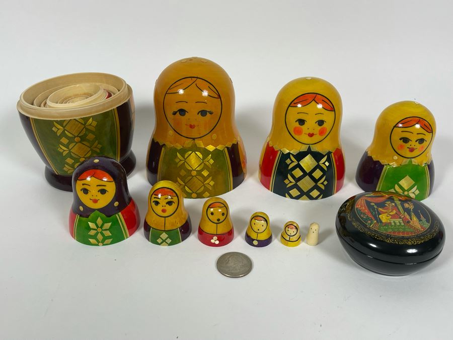 Russian Nesting Doll (9 Dolls) 7H And Russian Hand Painted Signed Lacquer Box 2.75W [Photo 2]