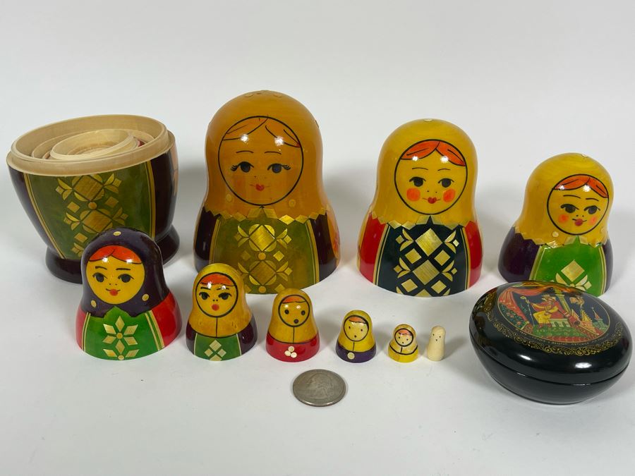 Russian Nesting Doll (9 Dolls) 7H And Russian Hand Painted Signed Lacquer Box 2.75W [Photo 3]
