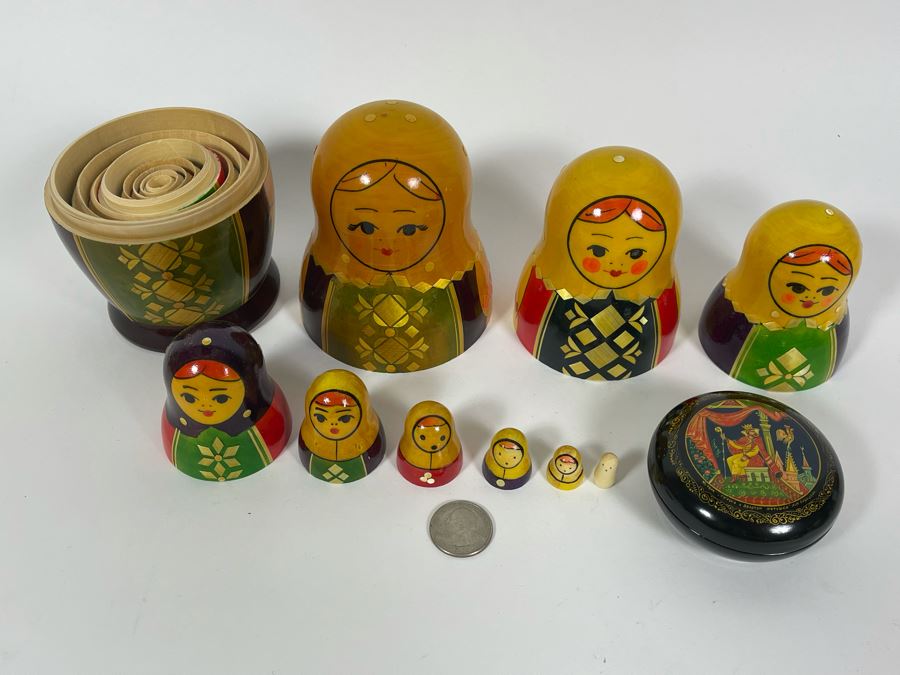 Russian Nesting Doll (9 Dolls) 7H And Russian Hand Painted Signed Lacquer Box 2.75W [Photo 4]