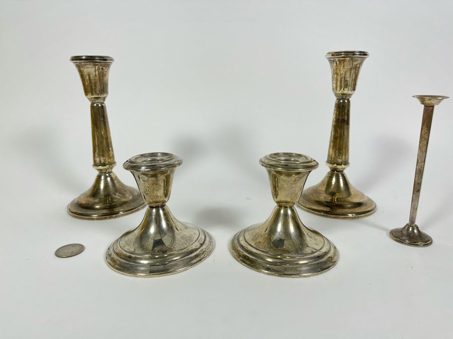 Weighted Sterling Silver Candleholders: Front Two Are Gorham, Middle One Is Cartier, Back Two Are Duchin Silver
