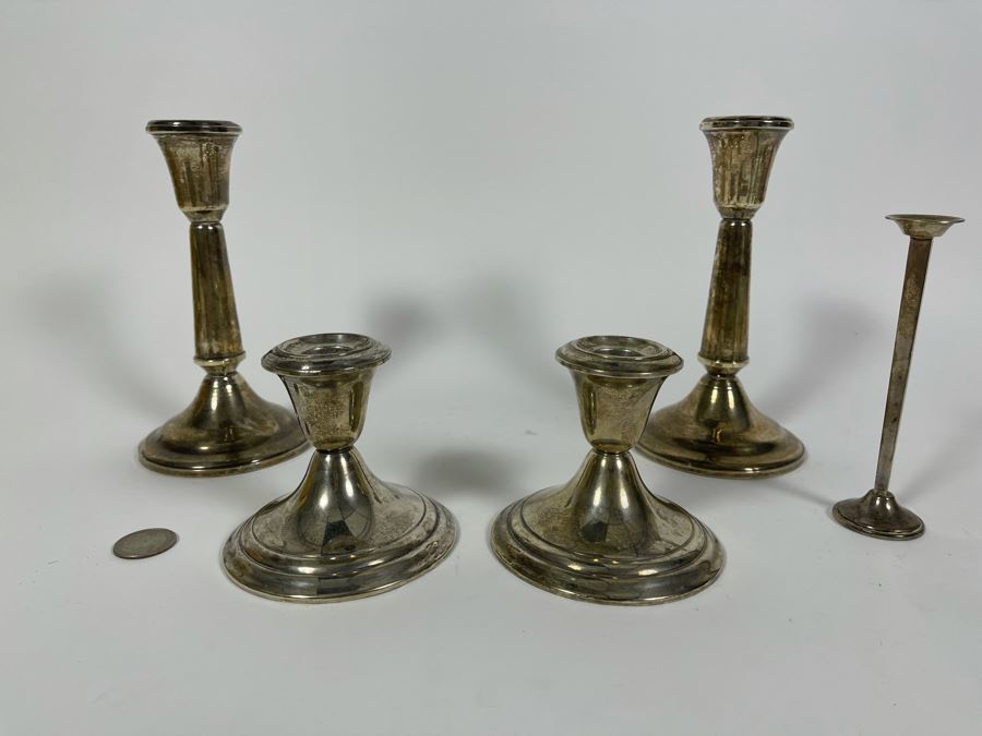 Weighted Sterling Silver Candleholders: Front Two Are Gorham, Middle One Is Cartier, Back Two Are Duchin Silver [Photo 2]
