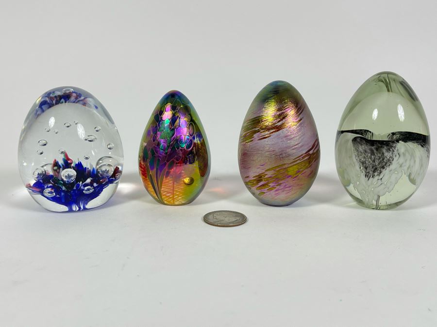 Set Of Four Art Glass Eggs: Signed GES, OBG, MSA & Gibson [Photo 1]