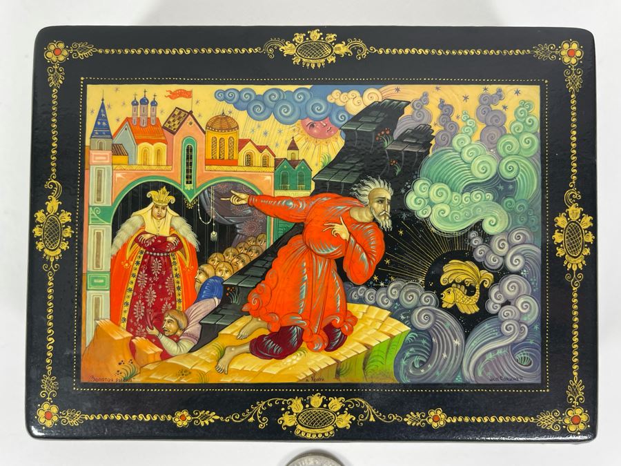 Hand Painted Signed Russian Lacquer Box 5.5W X 4D X 1H
