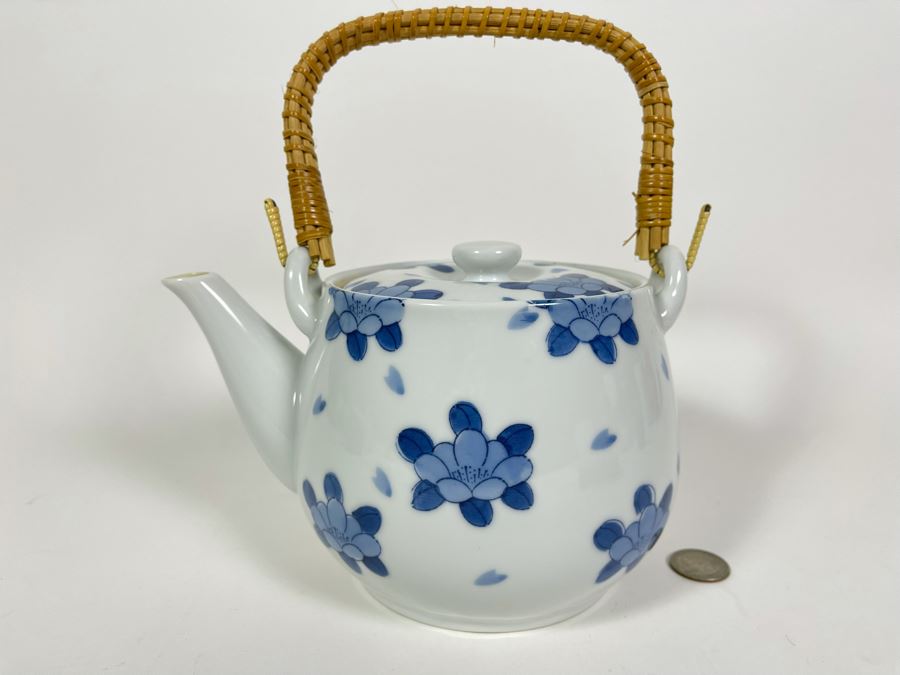 Vintage Asian Blue And White Signed Teapot 8.5W X 5H