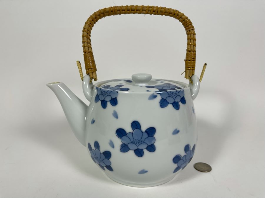 Vintage Asian Blue And White Signed Teapot 8.5W X 5H [Photo 2]