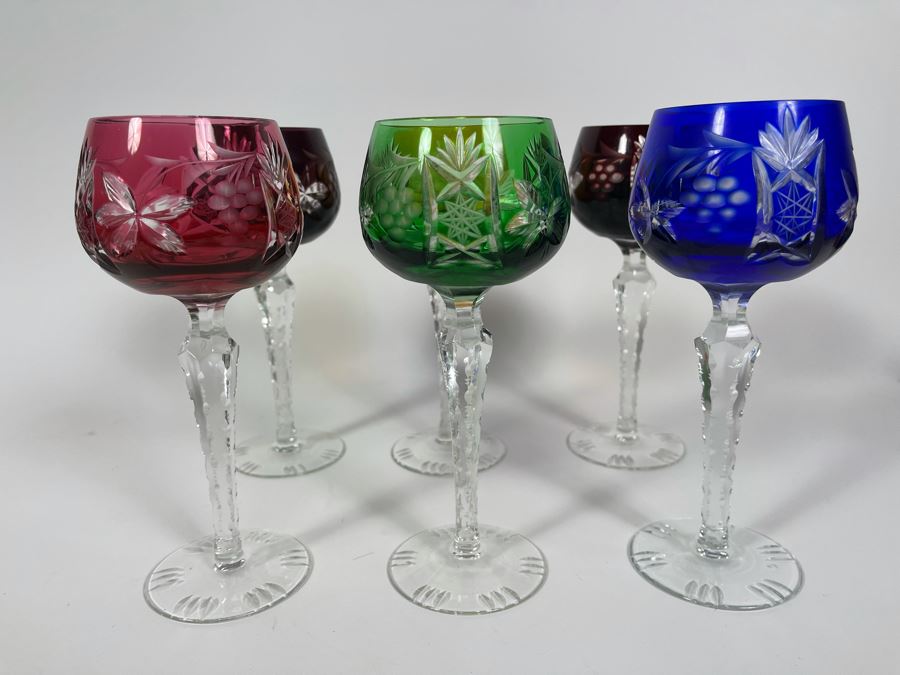 (6) Colored Cut Crystal Stemware Glasses 7.5H