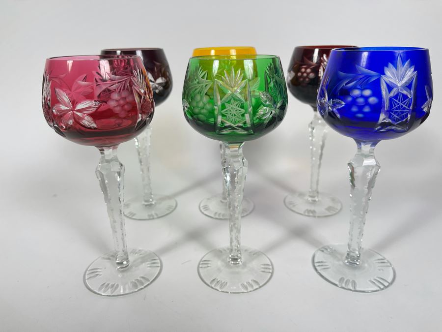 (6) Colored Cut Crystal Stemware Glasses 7.5H