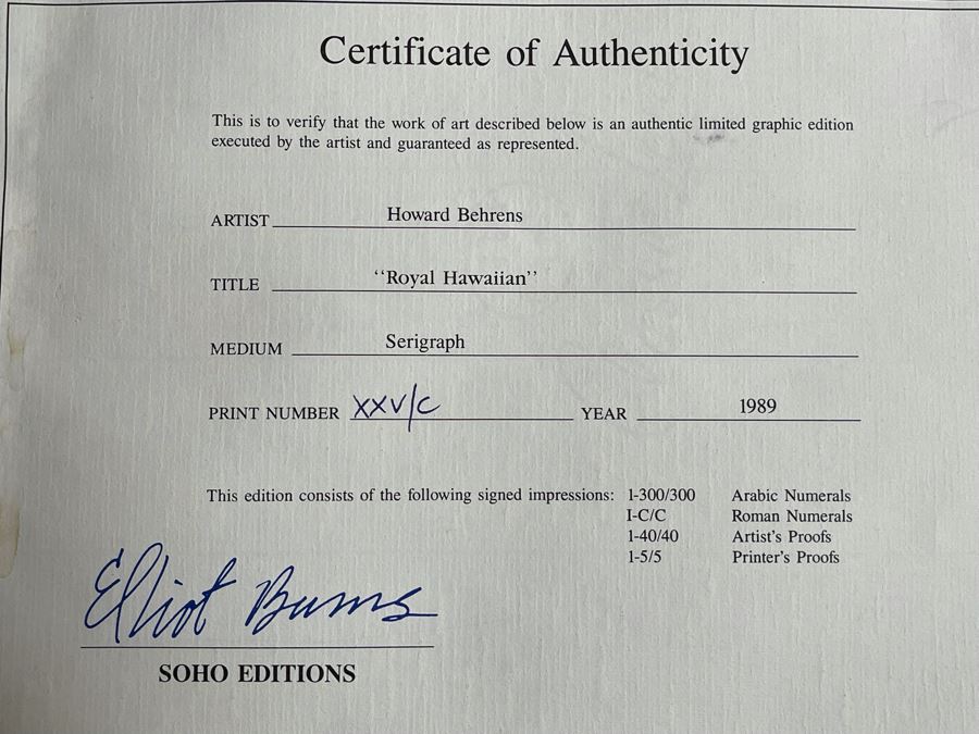 Howard Behrens Framed Large Hand Signed Limited Edition Serigraph Print Titled “Royal Hawaiian” 1989 40 X 29 [Photo 14]