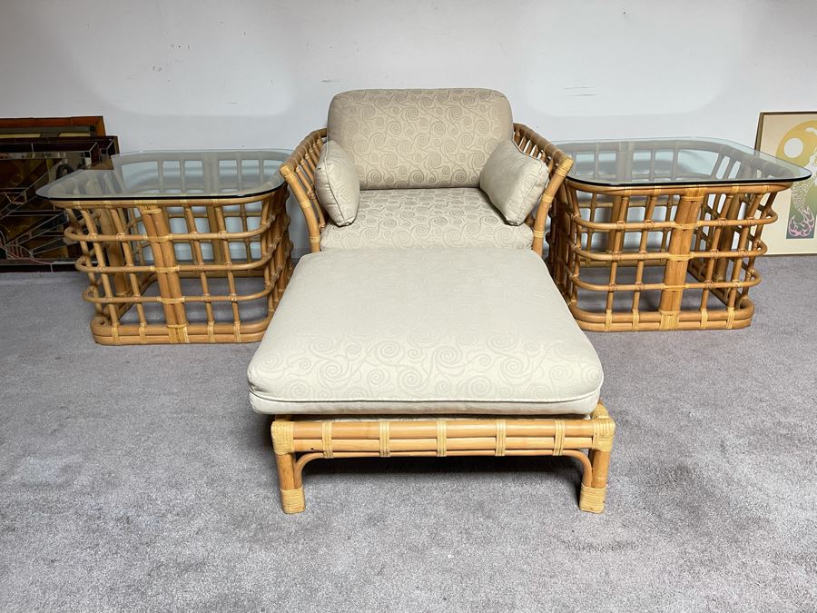 Brown Jordan Rattan Armchair 36W X 32D X 24H With Ottoman 28W X 28D And Pair Of Brown Jordan Side Tables 30W X 30D [Photo 5]