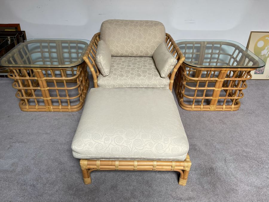 Brown Jordan Rattan Armchair 36W X 32D X 24H With Ottoman 28W X 28D And Pair Of Brown Jordan Side Tables 30W X 30D [Photo 8]