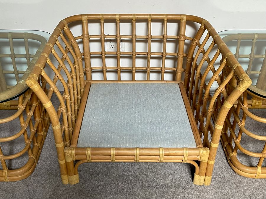 Brown Jordan Rattan Armchair 36W X 32D X 24H With Ottoman 28W X 28D And Pair Of Brown Jordan Side Tables 30W X 30D [Photo 11]