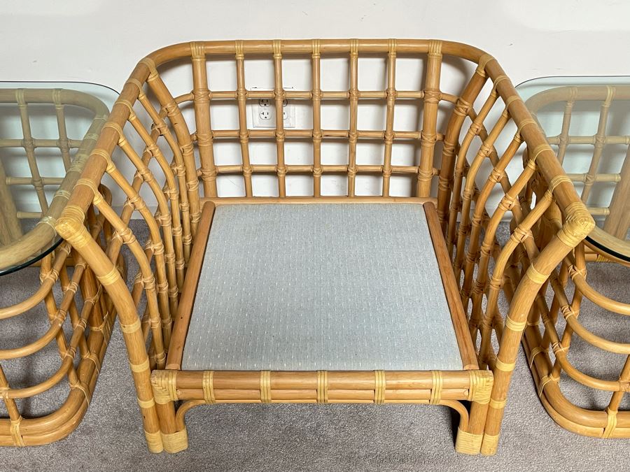 Brown Jordan Rattan Armchair 36W X 32D X 24H With Ottoman 28W X 28D And Pair Of Brown Jordan Side Tables 30W X 30D [Photo 3]