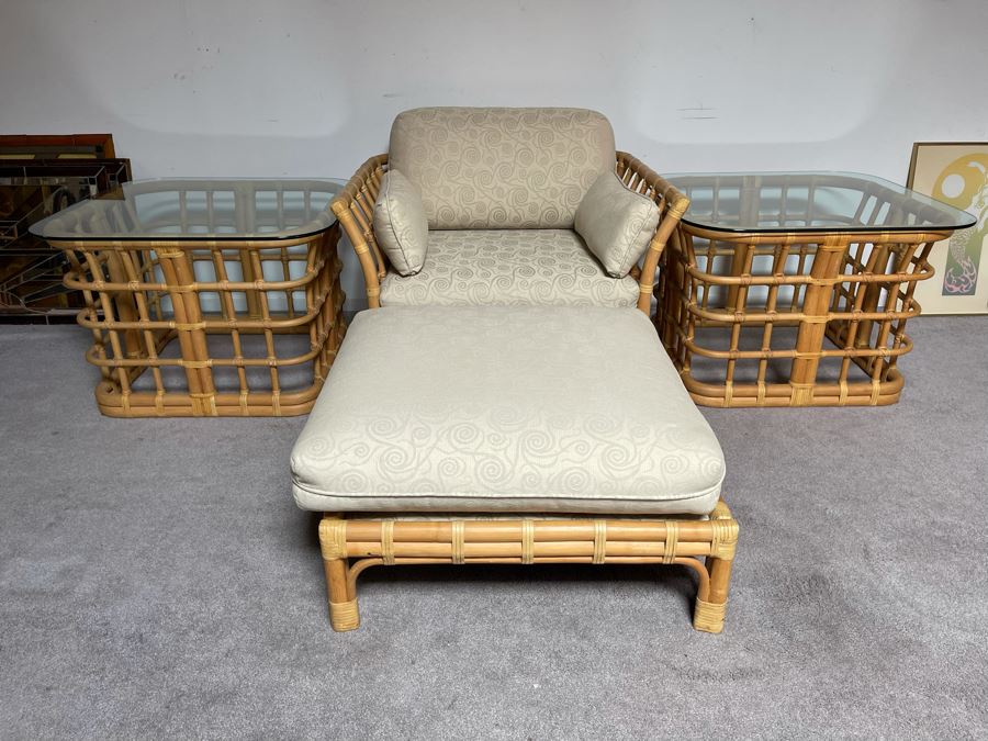 Brown Jordan Rattan Armchair 36W X 32D X 24H With Ottoman 28W X 28D And Pair Of Brown Jordan Side Tables 30W X 30D [Photo 6]