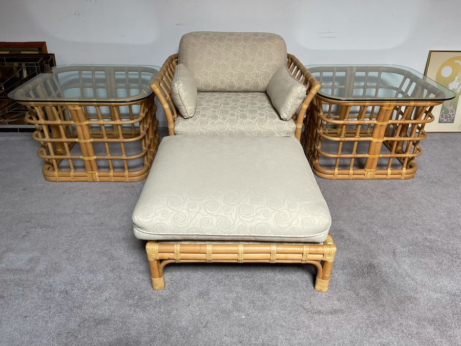 Brown Jordan Rattan Armchair 36W X 32D X 24H With Ottoman 28W X 28D And Pair Of Brown Jordan Side Tables 30W X 30D [Photo 7]