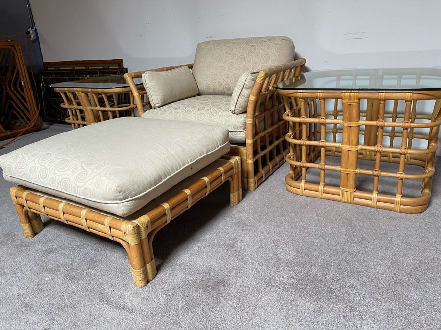 Brown Jordan Rattan Armchair 36W X 32D X 24H With Ottoman 28W X 28D And Pair Of Brown Jordan Side Tables 30W X 30D [Photo 9]