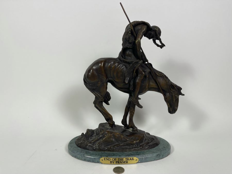 James Earle Fraser Bronze Statue On Marble Base Titled End Of The Trail 12W X 6D X 14.5H [Photo 3]