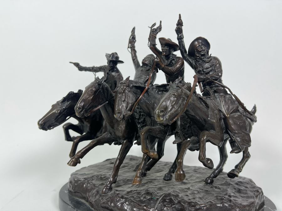 Frederic Remington Bronze Statue On Cracked Marble Base From Collectors West Inc Titled 'Coming Through The Rye' Cowboys Riding Horses 11W X 10D X 10.5H (Heavy) [Photo 8]