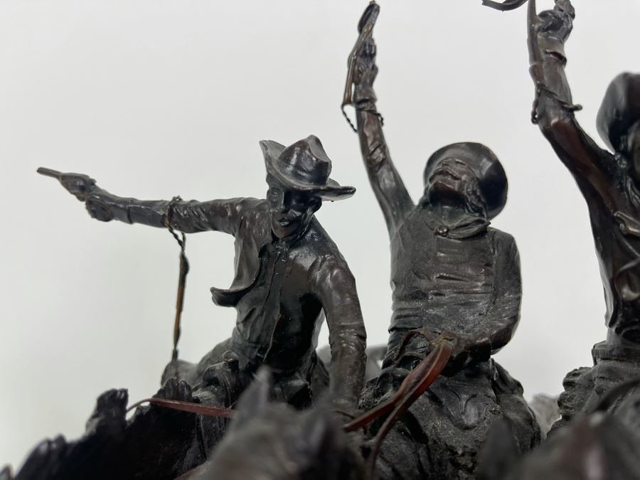 Frederic Remington Bronze Statue On Cracked Marble Base From Collectors West Inc Titled 'Coming Through The Rye' Cowboys Riding Horses 11W X 10D X 10.5H (Heavy) [Photo 13]
