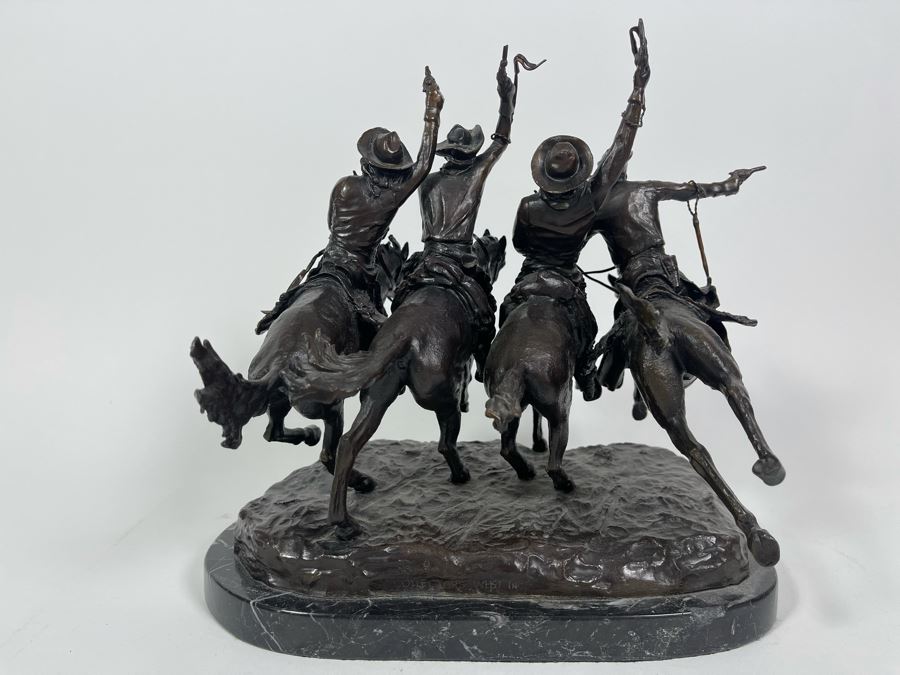 Frederic Remington Bronze Statue On Cracked Marble Base From Collectors