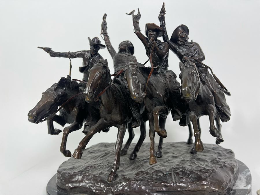 Frederic Remington Bronze Statue On Cracked Marble Base From Collectors