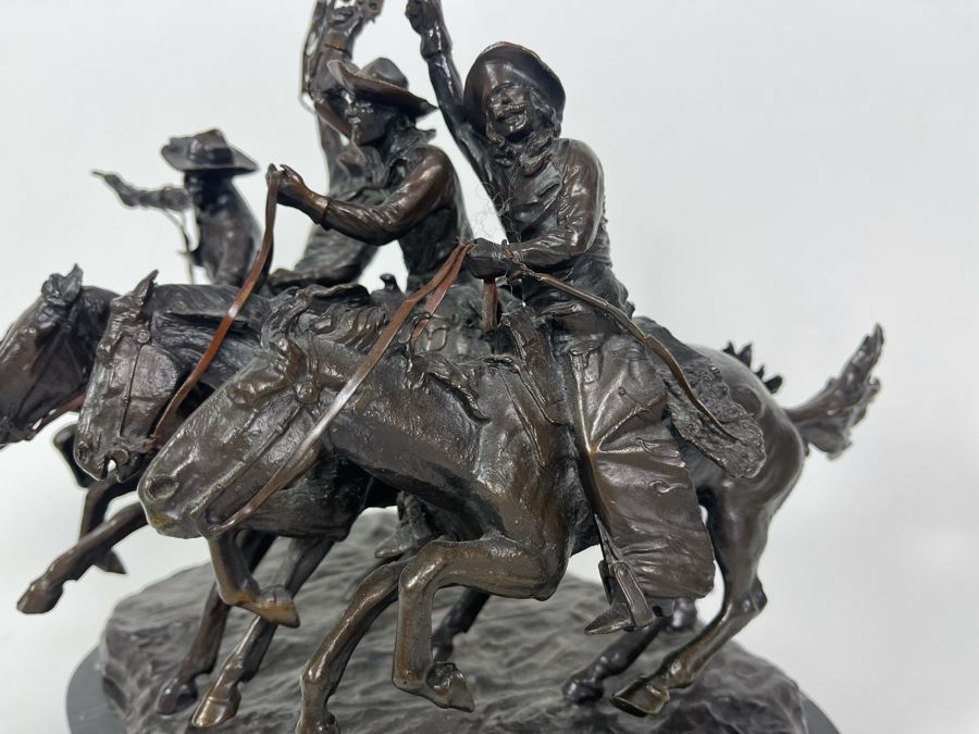 Frederic Remington Bronze Statue On Cracked Marble Base From Collectors West Inc Titled 'Coming Through The Rye' Cowboys Riding Horses 11W X 10D X 10.5H (Heavy) [Photo 10]