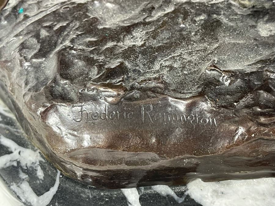 Frederic Remington Bronze Statue On Cracked Marble Base From Collectors West Inc Titled 'Coming Through The Rye' Cowboys Riding Horses 11W X 10D X 10.5H (Heavy) [Photo 25]