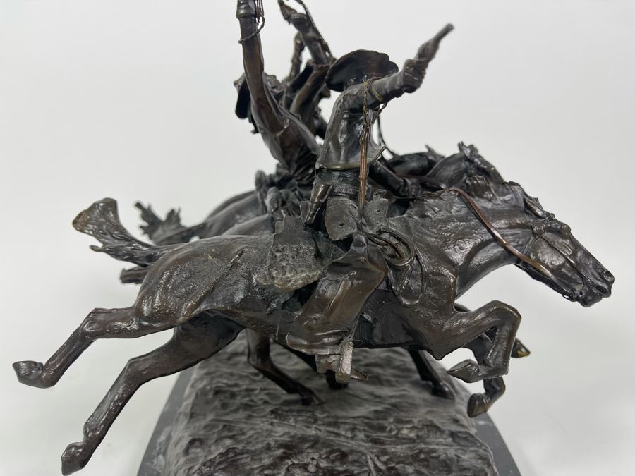 Frederic Remington Bronze Statue On Cracked Marble Base From Collectors West Inc Titled 'Coming Through The Rye' Cowboys Riding Horses 11W X 10D X 10.5H (Heavy) [Photo 21]