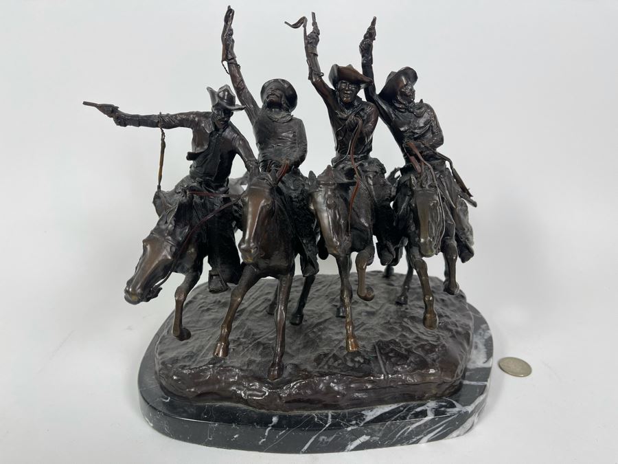 Frederic Remington Bronze Statue On Cracked Marble Base From Collectors West Inc Titled 'Coming Through The Rye' Cowboys Riding Horses 11W X 10D X 10.5H (Heavy) [Photo 5]