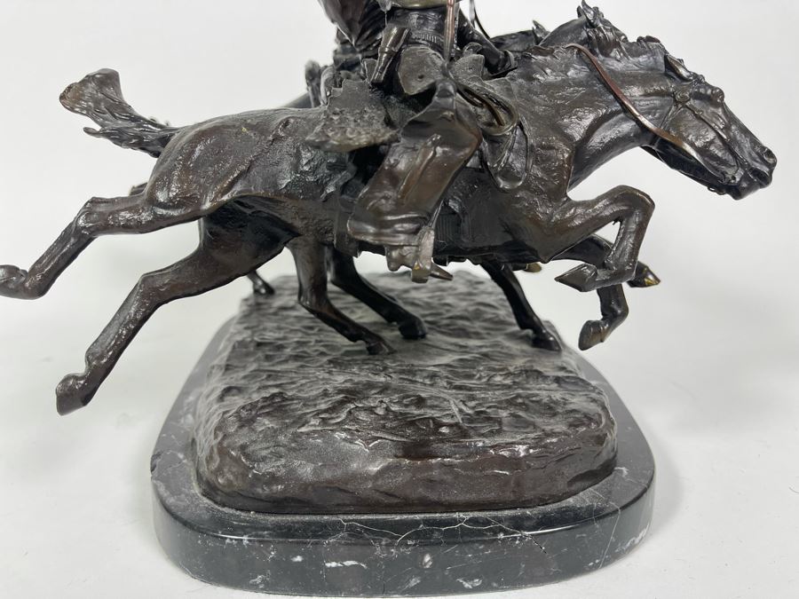 Frederic Remington Bronze Statue On Cracked Marble Base From Collectors West Inc Titled 'Coming Through The Rye' Cowboys Riding Horses 11W X 10D X 10.5H (Heavy) [Photo 22]