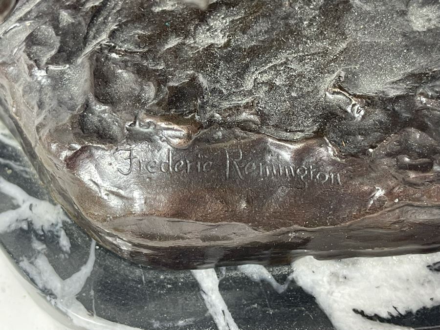 Frederic Remington Bronze Statue On Cracked Marble Base From Collectors West Inc Titled 'Coming Through The Rye' Cowboys Riding Horses 11W X 10D X 10.5H (Heavy) [Photo 26]