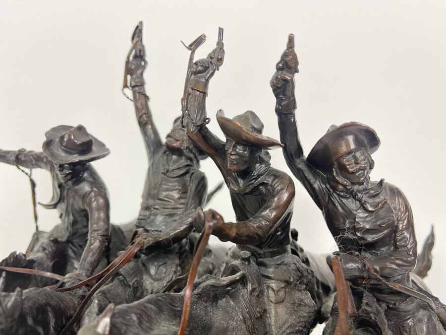 Frederic Remington Bronze Statue On Cracked Marble Base From Collectors West Inc Titled 'Coming Through The Rye' Cowboys Riding Horses 11W X 10D X 10.5H (Heavy) [Photo 14]