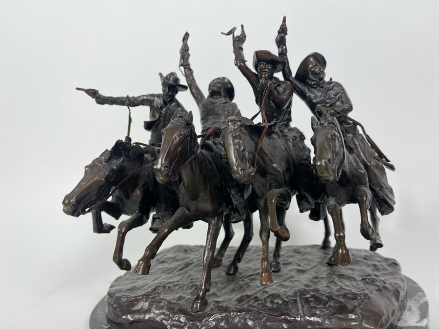 Frederic Remington Bronze Statue On Cracked Marble Base From Collectors