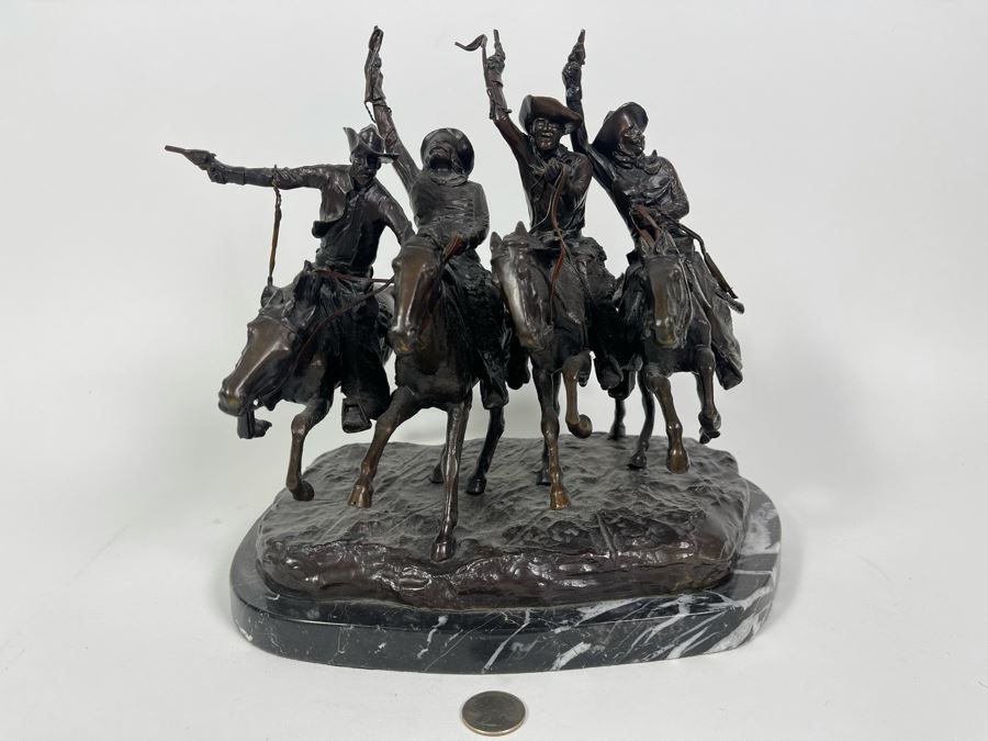 Frederic Remington Bronze Statue On Cracked Marble Base From Collectors West Inc Titled 'Coming Through The Rye' Cowboys Riding Horses 11W X 10D X 10.5H (Heavy) [Photo 4]