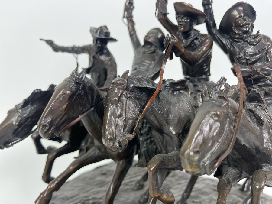 Frederic Remington Bronze Statue On Cracked Marble Base From Collectors West Inc Titled 'Coming Through The Rye' Cowboys Riding Horses 11W X 10D X 10.5H (Heavy) [Photo 11]