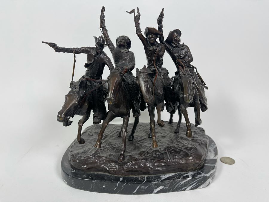 Frederic Remington Bronze Statue On Cracked Marble Base From Collectors West Inc Titled 'Coming Through The Rye' Cowboys Riding Horses 11W X 10D X 10.5H (Heavy)