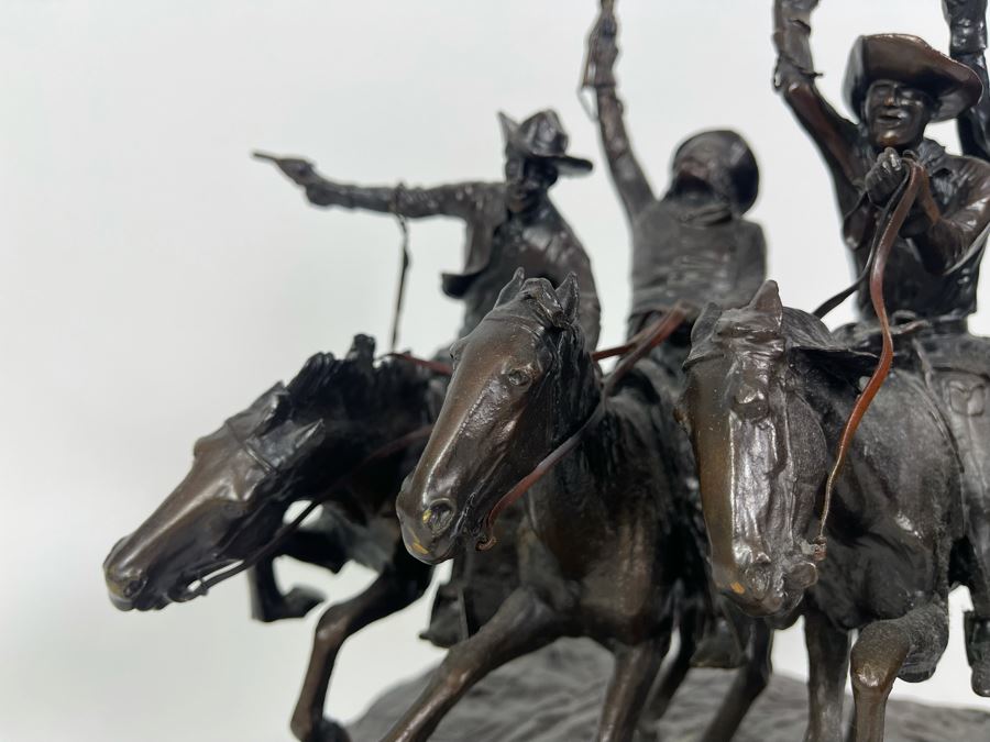 Frederic Remington Bronze Statue On Cracked Marble Base From Collectors West Inc Titled 'Coming Through The Rye' Cowboys Riding Horses 11W X 10D X 10.5H (Heavy) [Photo 12]