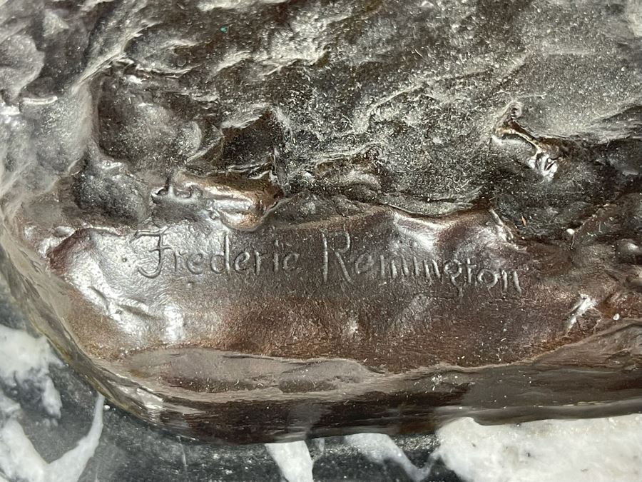 Frederic Remington Bronze Statue On Cracked Marble Base From Collectors West Inc Titled 'Coming Through The Rye' Cowboys Riding Horses 11W X 10D X 10.5H (Heavy) [Photo 2]